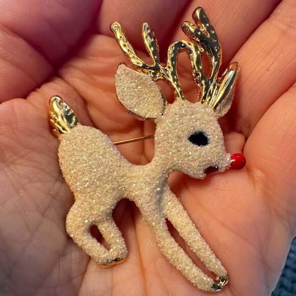 Vintage Style Reindeer Brooch Gold Glitter Flocked Holiday Christmas Pin 2.25" - Picture 3 of 5
